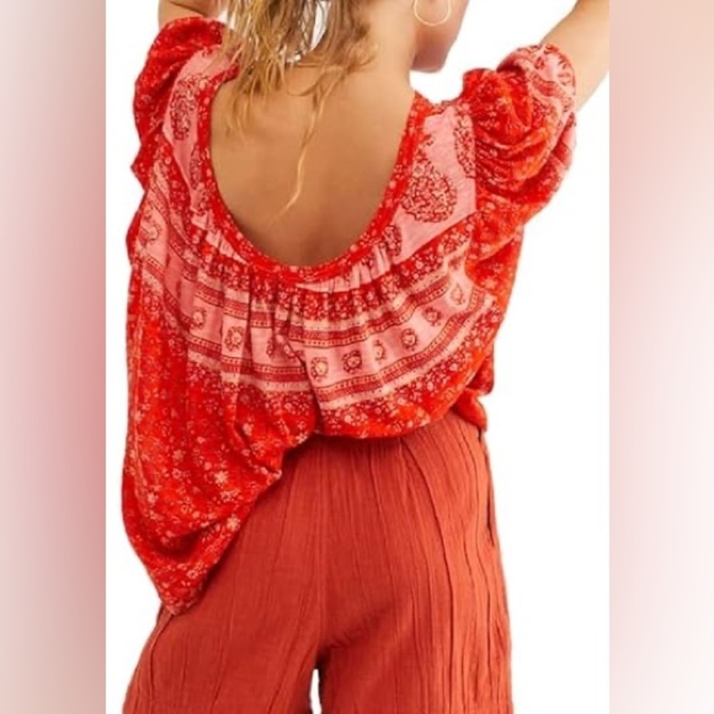 FREE PEOPLE Red Paisley Floral Short Sleeve Blouse Size S